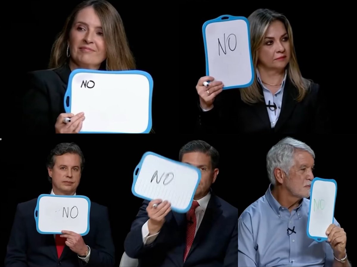 Los que quieren “sembrar esperanzas” para Colombia, respondieron que en Gaza no hubo genocidio. La foto de la ignominia.

Ni un voto por <a href="/juanmanuelgalan/">Juan Manuel Galán</a> 
Ni un voto por <a href="/PalomaValenciaL/">Paloma Valencia L</a>  
Ni un voto por <a href="/EnriquePenalosa/">Enrique Peñalosa</a> 
Ni un voto por <a href="/VickyDavilaH/">Vicky Dávila</a> 
Ni un voto por <a href="/PinzonBueno/">Juan Carlos Pinzón Bueno</a>