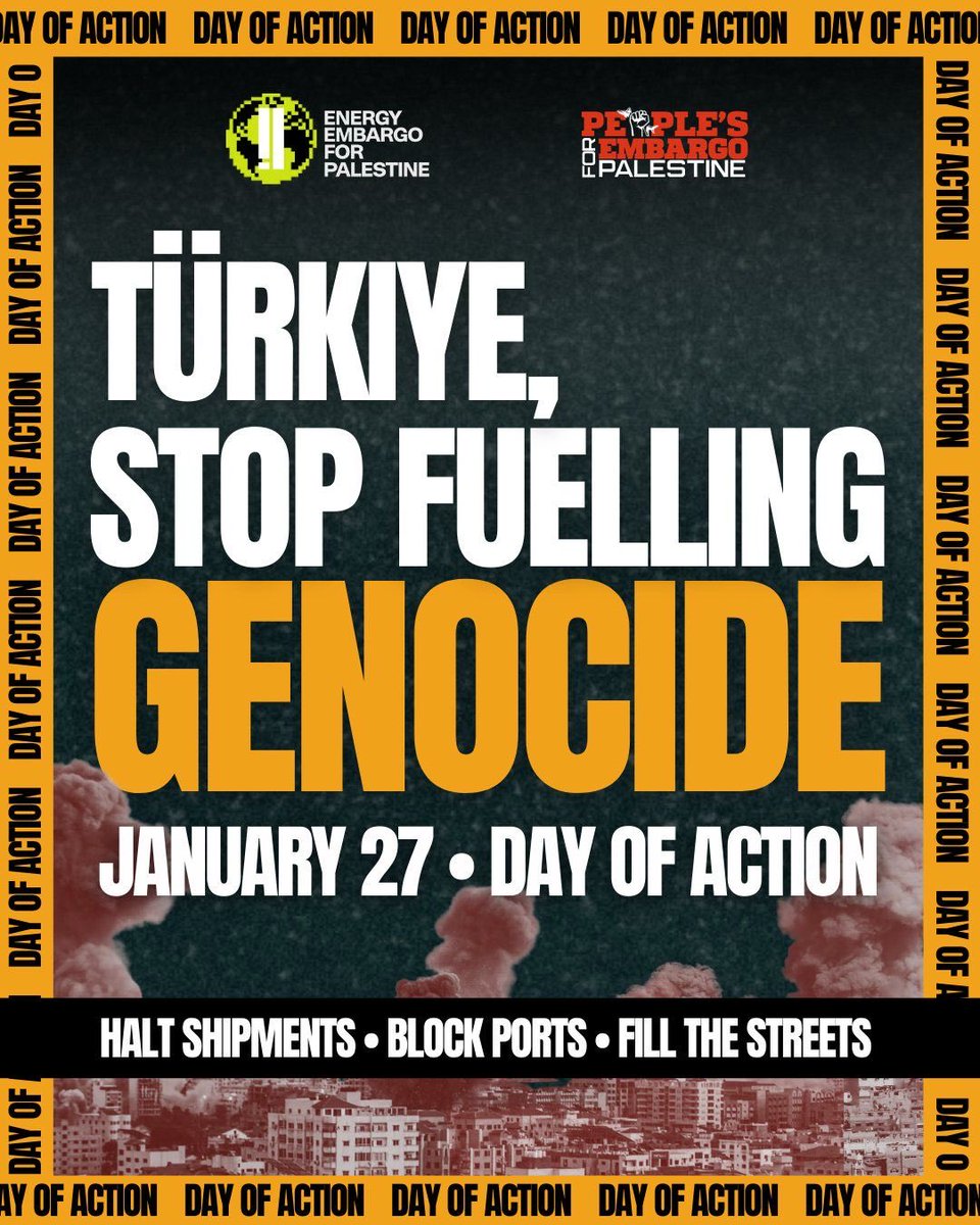 spotturkey's tweet photo. SPOT joins Energy Embargo for Palestine, the Palestinian Youth Movement, and Filistin İçin Bin Genç in urging Turkey to immediately halt all oil trade and uphold its declared position.

Join us as part of the international day of action to protest at the Turkish Embassy in London on Tuesday, 27 January at 18:30.

A new report confirms that Turkey has continued shipments of crude oil to Israel from Ceyhan port, despite its declared embargo. This contradiction underscores a long-standing pattern: Turkey's commitments on Palestine and human rights cannot be taken at face value.

This ongoing trade directly undermines efforts to halt the violence and supports the very actions the embargo claimed to oppose.