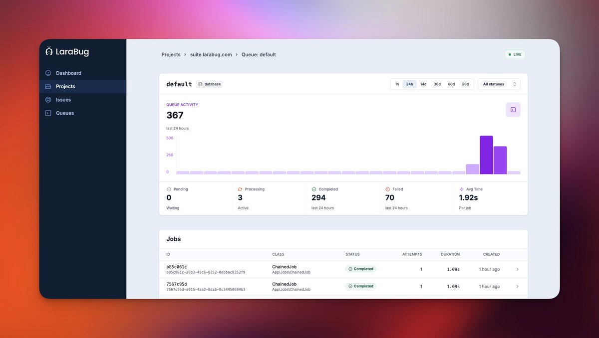 💻 Queue Monitoring is now live in LaraBug!

✓ Job status &amp; performance
✓ Failure tracking &amp; debugging
✓ Visual charts &amp; analytics

Install our latest version (v3.5) and start monitoring your jobs!

larabug.com