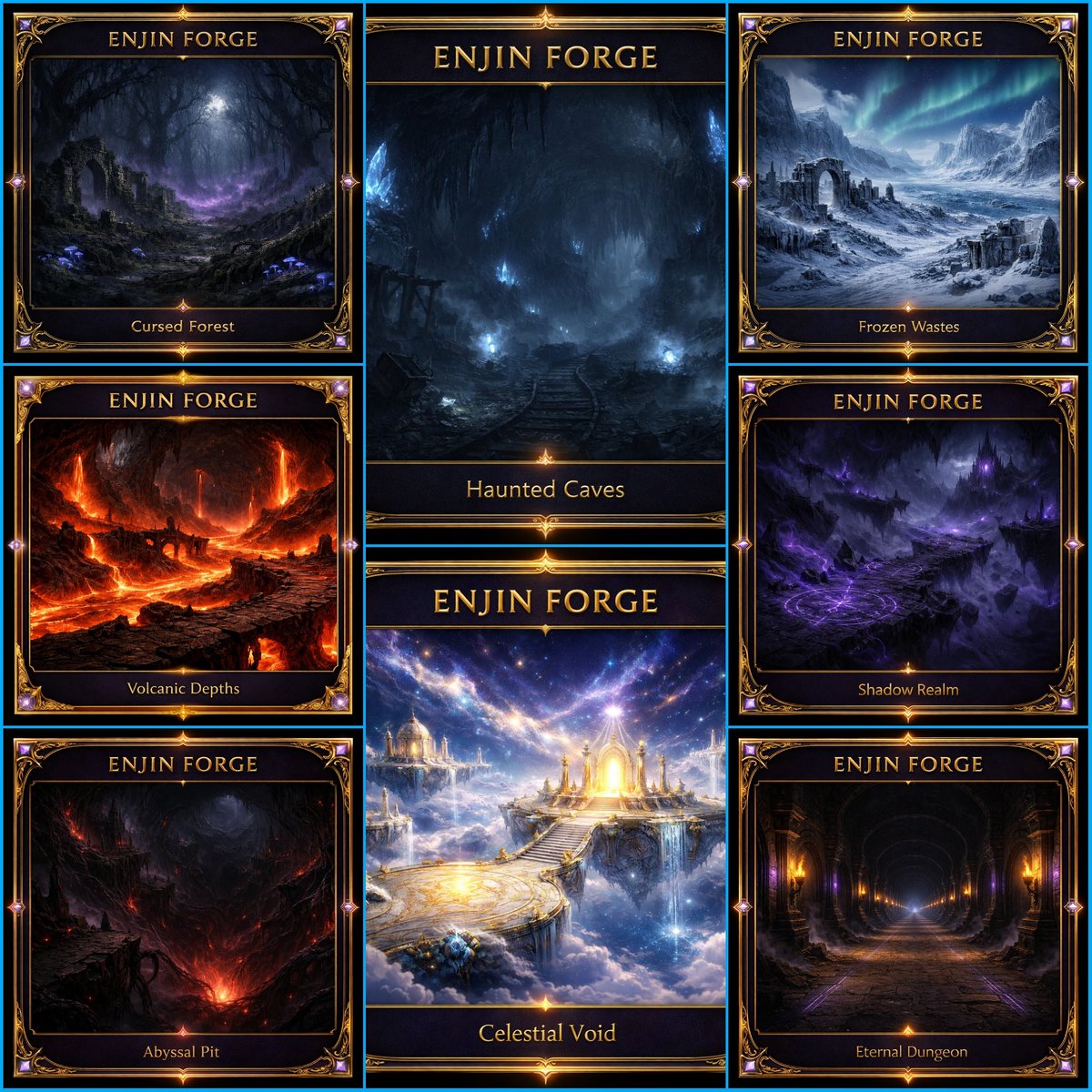 The world of Enjin Forge is divided into 8 zones, each spanning 50 stages as you push deeper.

🌲 Cursed Forest — Stages 1–50
🕳️ Haunted Caves — Stages 51–100
❄️ Frozen Wastes — Stages 101–150
🌋 Volcanic Depths — Stages 151–200
🌑 Shadow Realm — Stages 201–250
✨ Celestial Void