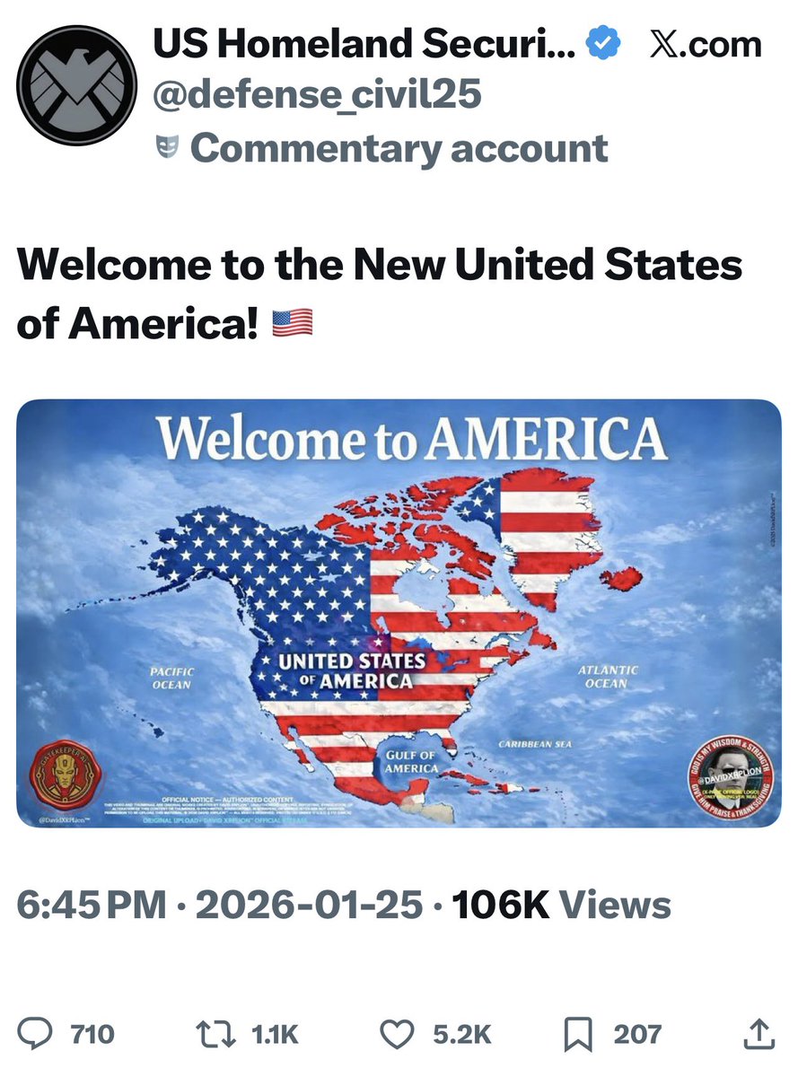 Garnet_2203's tweet photo. Can you all see this?

This is some Hitler shit.
I’m sorry, but that’s exactly what it looks like.

This isn’t a joke.
This isn’t satire.
This is annexation propaganda from a country sliding toward fascism.

And to the Albertans flirting with “joining America” or breaking away, you do NOT want this.
You won’t be “free.”
You won’t be “rich.”
You’ll be just like millions of Americans right now: struggling, unprotected, one medical bill away from bankruptcy, disposable to billionaires.

That’s not freedom.
That’s corporate feudalism.

Thank God Canada has Mark Carney at the helm, because if Pierre Poilievre or any Conservative leader were in charge, this wouldn’t be a meme… it would be policy.

Canada is not for sale.
Canada is not America’s property.
Canada is a sovereign nation.

Canadians need to come together and reject this garbage, ignore the noise, and stand firm against foreign authoritarian rhetoric trying to normalize empire-building.

We will not be absorbed.
We will not be bullied.
We will not become the 51st state.

🇨🇦 Canada stands.