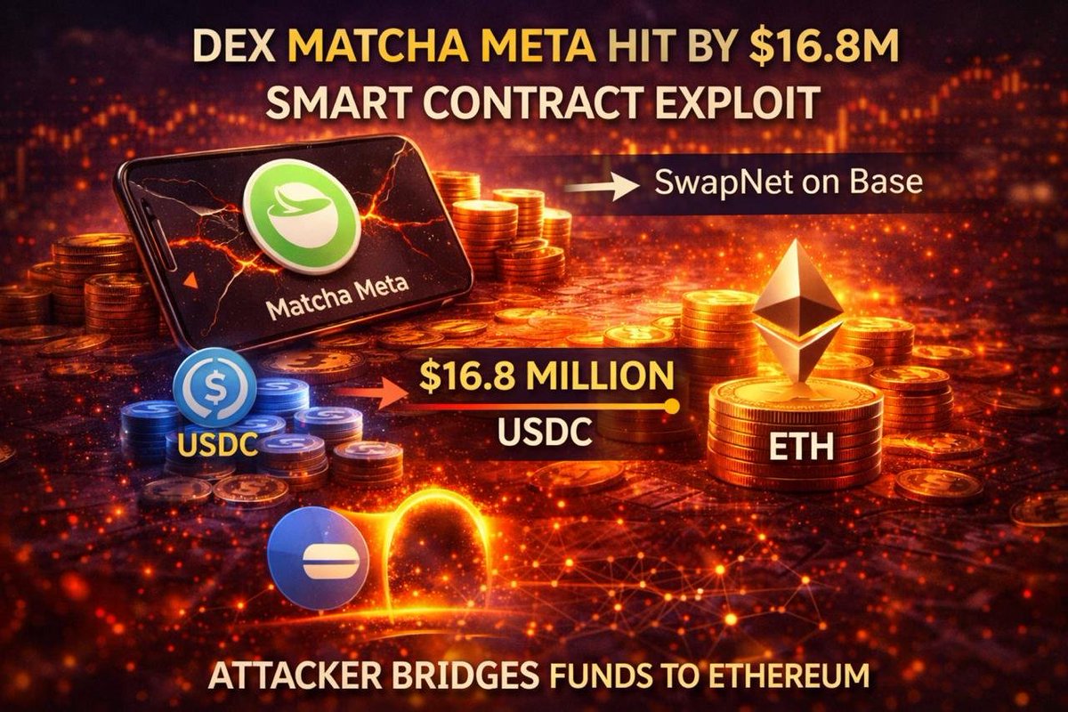 DEX MATCHA META HIT BY $16.8M SMART CONTRACT EXPLOIT ON BASE DEX aggregator  Matcha Meta suffered a $16.8 million exploit via SwapNet on Base, with the  attacker swapping USDC for ETH. The