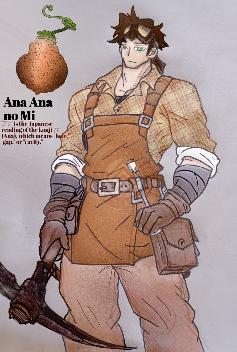 MrNero_02's tweet image. #Onepiecefanart 
#originalcharacters 
#handdraw
#digitalpainting 
OC's Name:Scraft.D Burrow
The user of the Ana Ana no Mi, the Hole-Hole Devil Fruit
Allows him to create holes and tunnels wherever he touches. 
He can even create portals.

Item: Drill-Runner.
(Kairoseki Pickaxe)