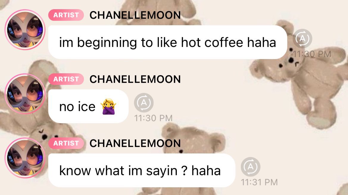 [🧸🫧] Chanelle 🫧 Update

💬 im beginning to like hot coffee haha
💬 no ice 🙅‍♀️
💬 know what im sayin ? haha

#샤넬 #CHANELLE
#문샤넬 #CHANELLEMOON
#피프티피프티 #FIFTYFIFTY