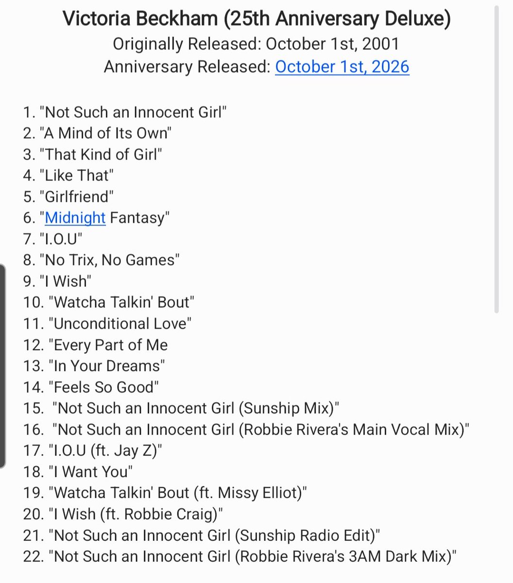 x_RWCM's tweet photo. @SpiceGirlfanUK @victoriabeckham @UMG Yes....specificially if this is the tracklist! #VB25 https://t.co/a399iljJO5