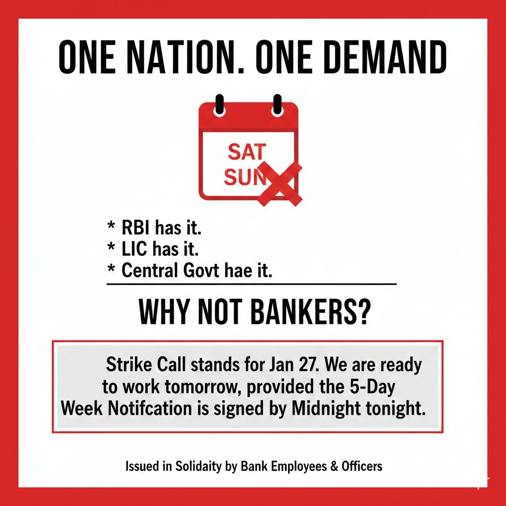 Bankers are on strike tomorrow for a #5DaysWeek. 

If the government signs the approval by midnight, we will call off the strike and resume work tomorrow.
#5DaysWeekForBankers

<a href="/DFS_India/">DFS</a> <a href="/FinMinIndia/">Ministry of Finance</a> <a href="/nsitharaman/">Nirmala Sitharaman</a>