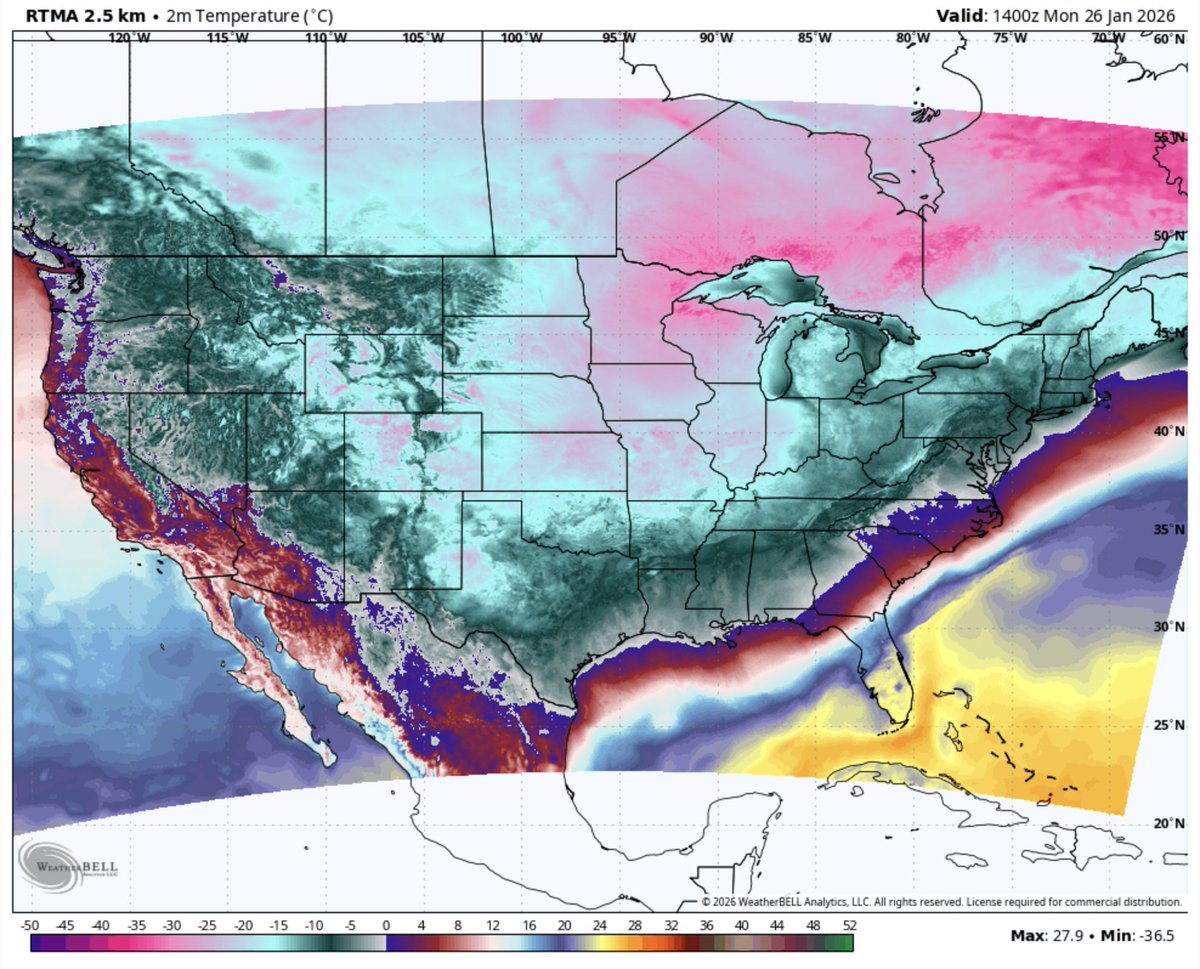Température actuelle (RTMA/NWS Real Time Mesoscale Analysis). Le point de congélation franchit le sud du Texas.