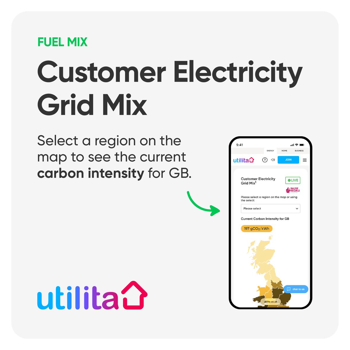 UtilitaEnergy's tweet photo. Check out our Live Carbon Dashboard! 🌍

See real-time transparency of the energy mix being consumed &amp; feel empowered to make sustainable changes that support the UK's #NetZero goal.

Learn more below or visit https://t.co/NL4dsSdAnS https://t.co/gJcQnpPdjc