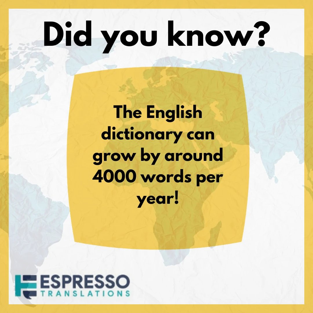 Did you know? Almost 4000 new words can get added to the dictionary every year!  

espressotranslations.com
#translation #translationservices #languageservices