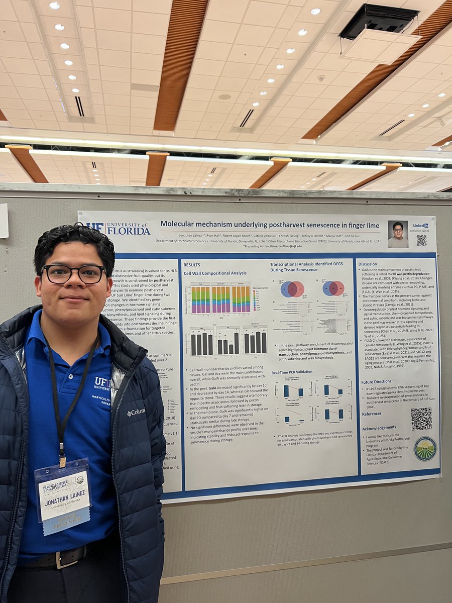 Proud of our grad students Brianna and Jonathan for representing our program with exceptional posters at #PSS2026. Brianna earned 1st place for her research on early prediction of postharvest oxidative discoloration in lettuce—congrats.
<a href="/ufhorticulture/">UF IFAS Horticultural Sciences Department</a> <a href="/UFCALS/">UF/IFAS College of Agricultural and Life Sciences</a> <a href="/UFPlants/">Plant Science Council at UF</a>