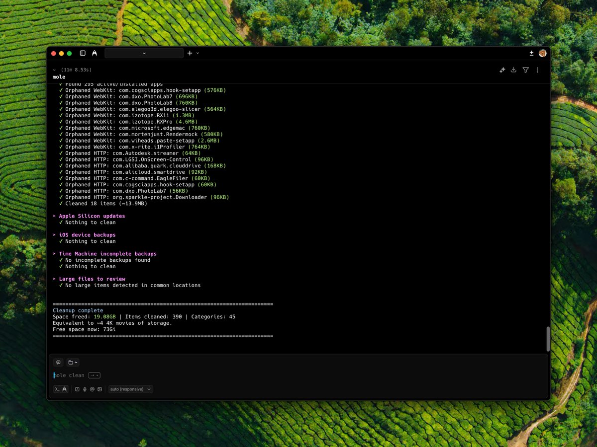 推荐一个 GitHub 开源项目 Mole，可以全自动清理 Mac 上所有的垃圾文件，包含各类软件缓存还有已卸载软件的残留目录
今天下午就是用这个给同事的 M1 MacBook 成功升级了 macOS Tahoe，回来给 Mac Studio 也清理了一波，清了 19G 出来，舒服

github.com/tw93/Mole