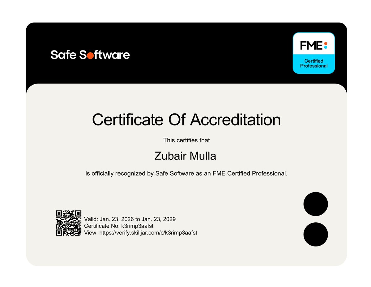Congratulations to Zubair Mulla, Lead GIS Developer at IMGS, for achieving his FME Professional Certification from <a href="/SafeSoftware/">FME Data Integration</a> #FME #SafeSoftware #Certification