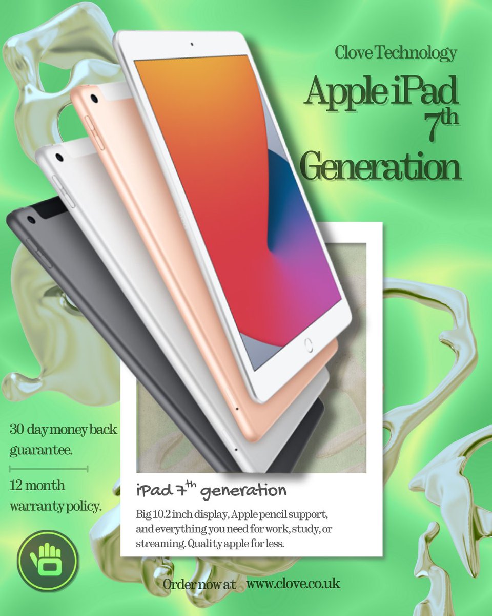 clovetechnology's tweet image. iPad 7th generation, with a 10.2 inch screen display and the ability to pair with your apple pencil and magic keyboard... its a no brainer! Grab yours today while stocks last #TikTokShop #tiktok #SustainableTech #clovetechnology #tiktoklive #appleipad