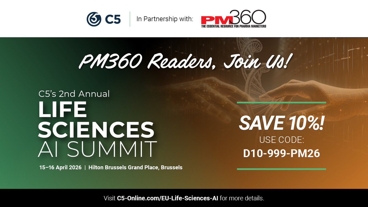 PM360online's tweet photo. We’re a proud Media Partner for C5’s #LifeSciences #AI Summit – Europe on 15 – 16 April 2026 in Brussels! Gain cutting-edge knowledge and real-world strategies for adopting AI despite regulatory challenges.
Save 10% w/ code: D10-999-PM26
Register today: https://t.co/dMndV0SIor https://t.co/GVQWdTiHiK
