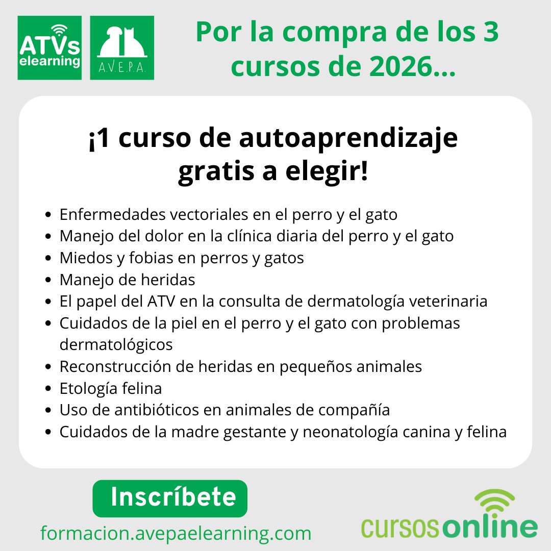 🎉¡Llega la OFERTA 3+1 para ATVs en AVEPA Elearning! 
Por la compra de 3 cursos con experto (Leishmaniosis, Fluidoterapia y Urgencias Felinas), llévate 1 curso de autoaprendizaje GRATIS (a elegir entre 10 opciones).

🚩 Más info y compra del pack:
formacion.avepaelearning.com/course/info.ph…