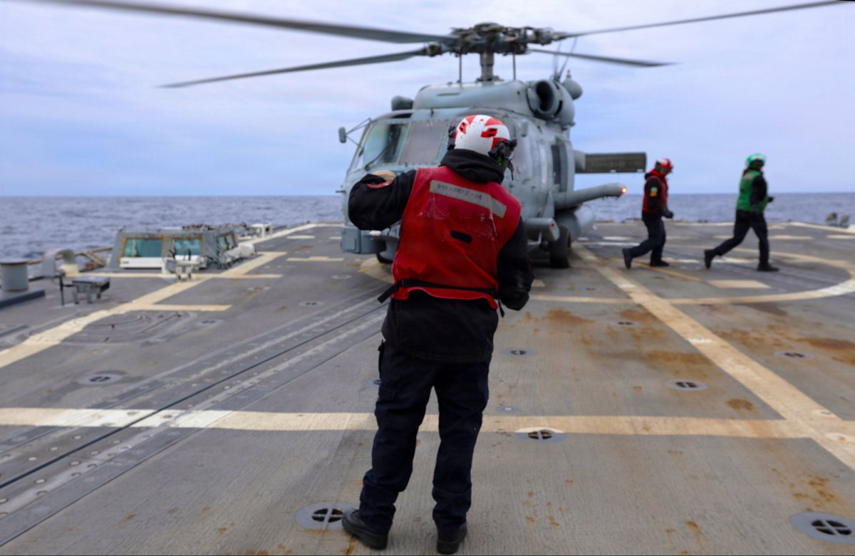 USNavyEurope's tweet photo. Cleared for takeoff! ๐ HSM-79 Griffins are conducting flight ops aboard USS Roosevelt (DDG 80) in the Mediterranean, sharpening their skills for MOB-A certification. Always ready! #US6thFleet #NavyReady ๐ https://t.co/kFceq81054