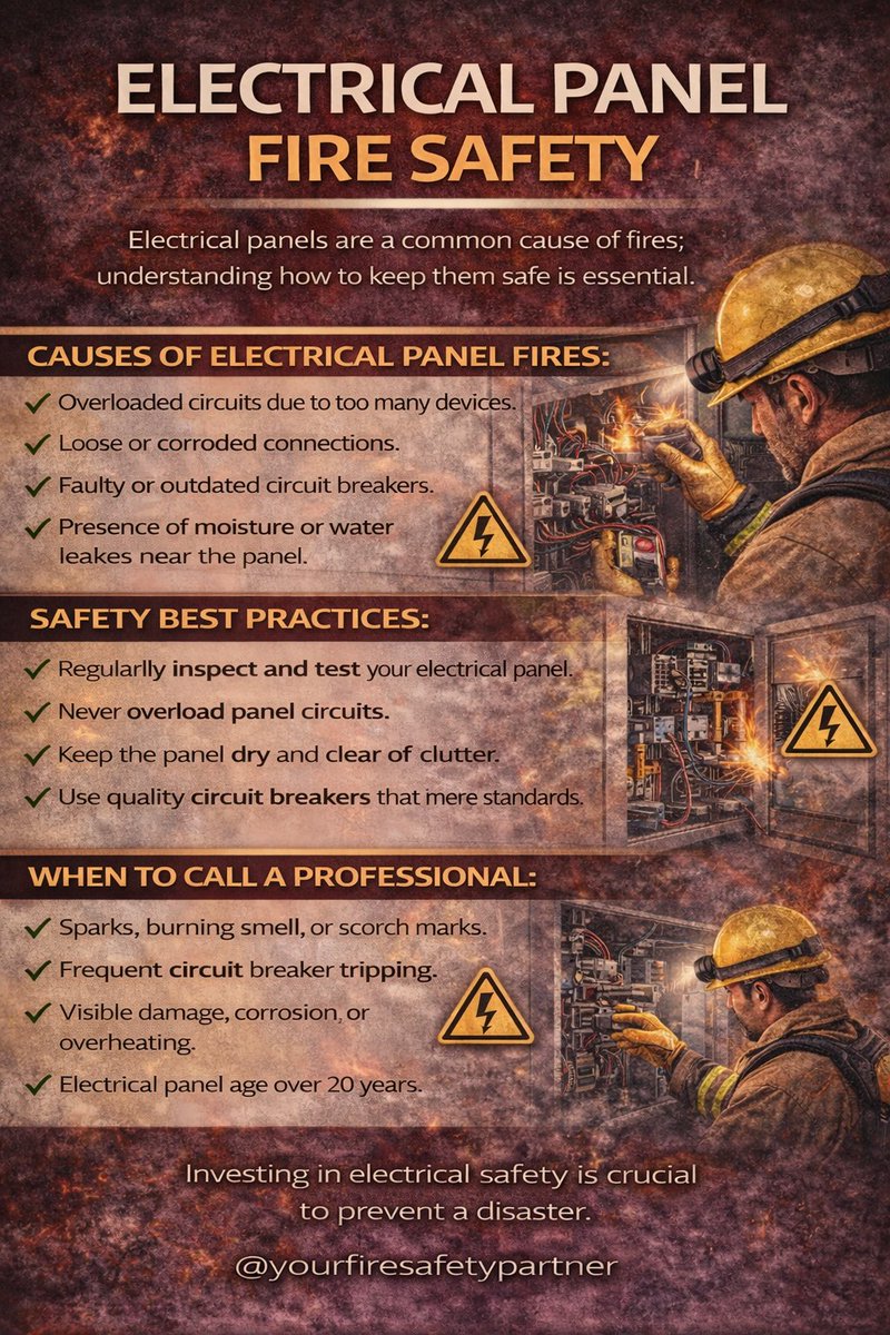 firesafetytips's tweet photo. ⚡ Your electrical panel is the heart of your building.
Ignore it — and it can turn into a fire trigger. 🔥
Inspect early. Fix fast. Stay protected.
Safety today saves everything tomorrow. https://t.co/CpzV6Y8jx6