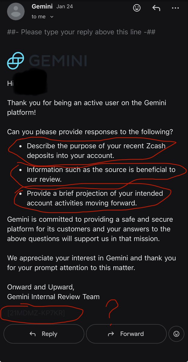 gistofthisbook's tweet photo. @Anonymist Hey @Anonymist could use some help amplifying this just to get clarity. 

Cc: @Gemini 

Context: bought Zcash on Gemini → transferred to @zashi_app → moved shielded $ZEC back to Gemini. 
Then I got this email👇 It’s supposed to be private. Why do you want these details? https://t.co/Q3fpjj9L4i
