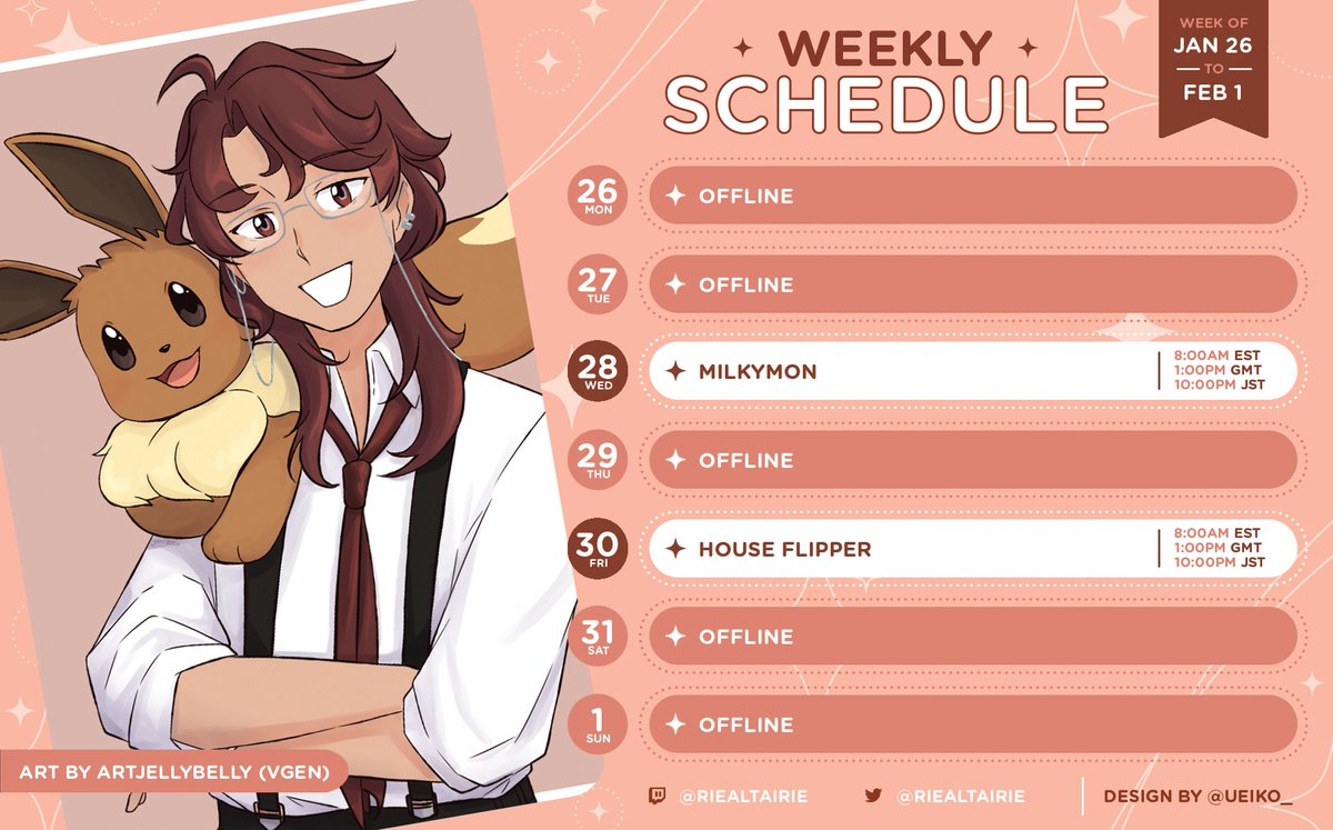 ✧˖°. JAN 26th - FEB 1st SCHEDULE ⋆˙⟡

Woahs, a month flies by quick! Hope this January has been well for you (ㅅ´ ˘ `)

We'll be building in Milkymon (a usual!) and starting House Flipper as our new side-game this week! 

See you around, everyone!

🎨: artjellybelly on VGen