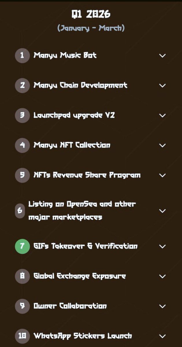 🚨 Q1 2026 $MANYU LOADING like a rocket 🚀🐕‍🦺
This isn’t just another roadmap… it’s a FULL-ON takeover blueprint:
1️⃣$MANYU Music Bot dropping vibes &amp; mass adoption in TG groups
2️⃣ $MANYU Chain development – we’re building REAL infrastructure
3️⃣ Launchpad V2 upgrade → next-level