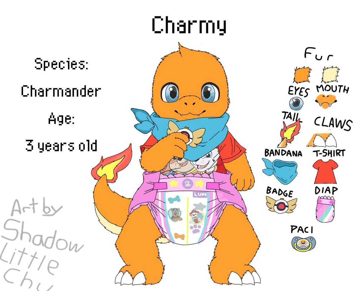 ShadowLittleChu's tweet photo. Reference sheet for the cute babmander @Charmy_Hatchy 

#abdl #babyfur #refsheet https://t.co/GetFov9yul