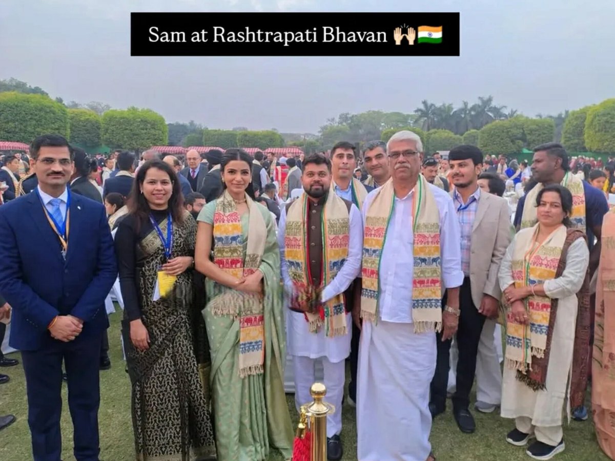 Samcults's tweet photo. Samantha Ruth Prabhu is special invitee at #RepublicDay gathering hosted by President of India at Rashtrapati Bhavan 🇮🇳 
Queen @Samanthaprabhu2 💛
#SamanthaRuthPrabhu𓃵
#Samantha #SamanthaRuthPrabhu https://t.co/DBvtcHoSzW