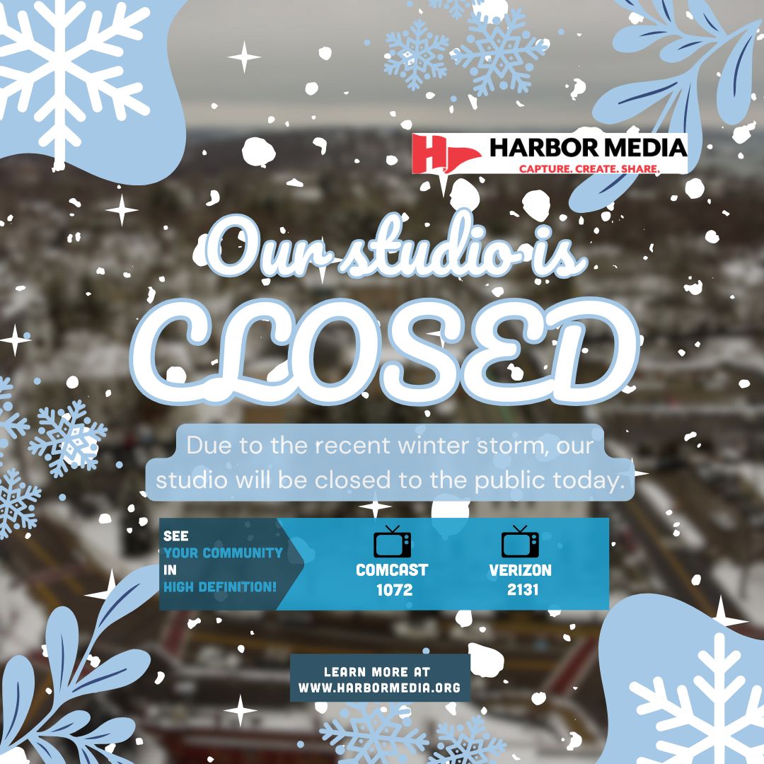 Due to the recent winter storm, our studio will be closed to the public today, with our team working remotely.

If you have any questions or concerns, please email us at info@harbormedia.org.

harbormedia.org