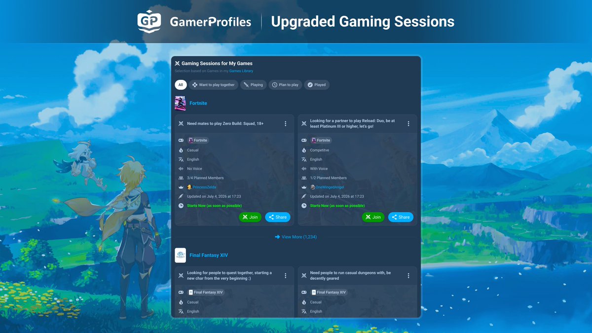 GamerProfilesEN's tweet photo. Upgraded Gaming Sessions ✨
Unlimited duration, join as many as you want, chat in sessions, notice what's new in your messages, and enjoy a better discovery. Create your own Session now and share the link to invite others!
#gaming
➤ https://t.co/wFxLoSqiXC https://t.co/qoex1hPngZ