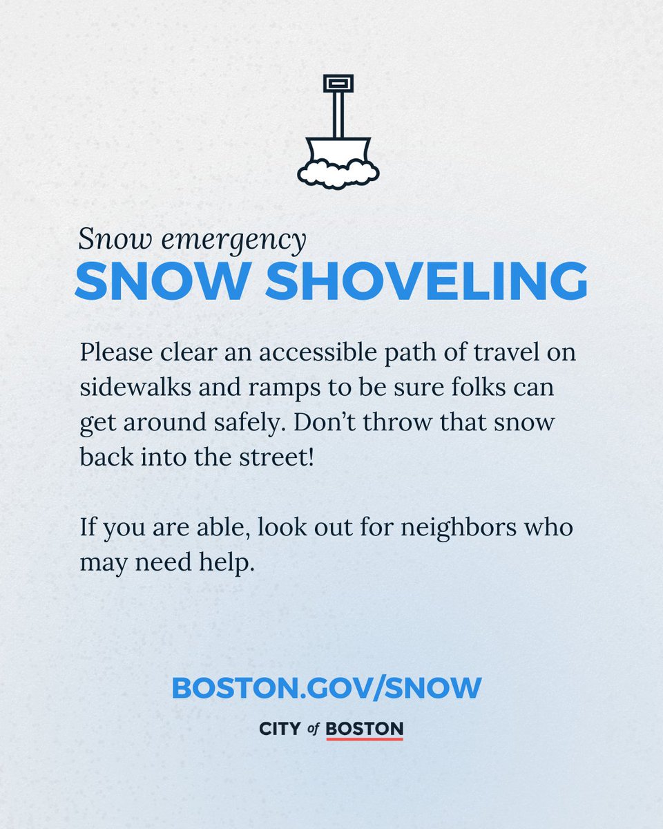 It’s time to shovel, Boston! Please clear an accessible path of travel on sidewalks and ramps to be sure folks can get around safely. Don’t throw that snow back into the street!

If you are able, look out for neighbors who may need help.