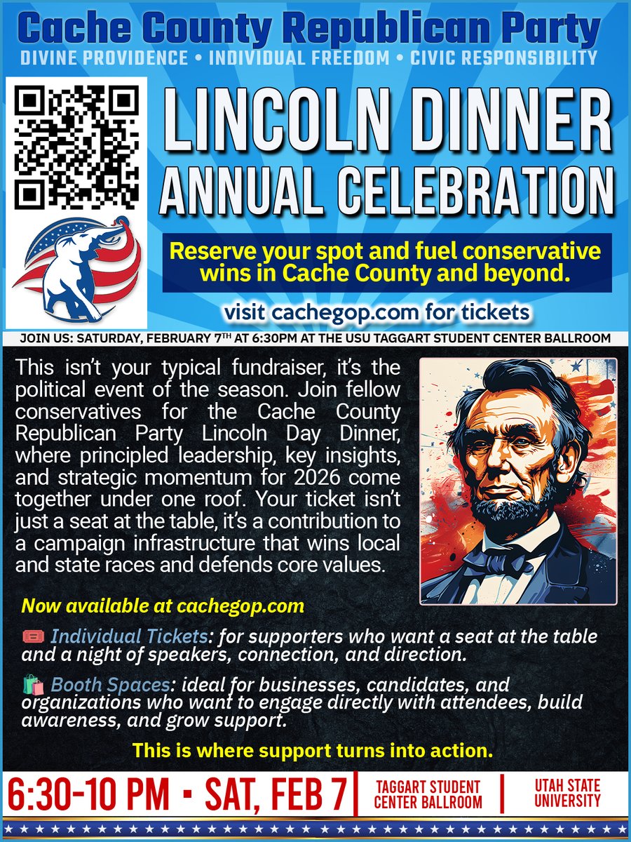 cachegop's tweet photo. ⏳ Seats are limited — don’t wait. The Cache GOP Lincoln Day Dinner is almost here, and you’ll want to be in the room.

📅 Feb 7 | 🕡 6:30 PM
🎟️ Reserve now: https://t.co/ABMGUDmBDw
#CacheGOP #LincolnDayDinner #CacheCounty https://t.co/4CKOyonS3Z