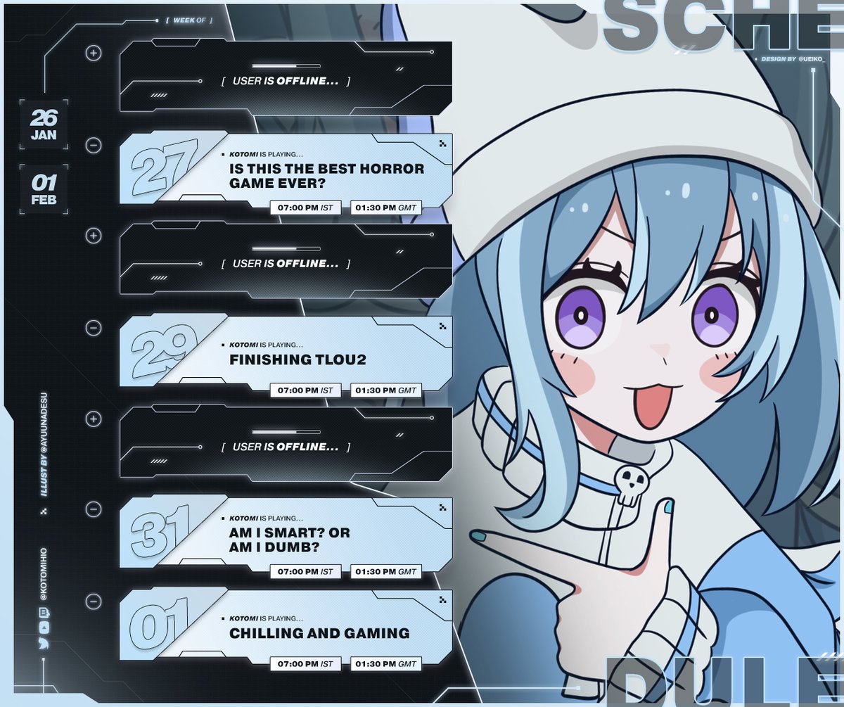 this week's skedulee :3  kom oki

tuesday, thursday, saturday, sunday
from 26th jan to feb 1 

on twitch: twitch.tv/kotomishio 

art: <a href="/AyuuNaDesu/">Nayu</a> 
design :<a href="/ueiko_/">ueiko 🤍 waitlist open</a>