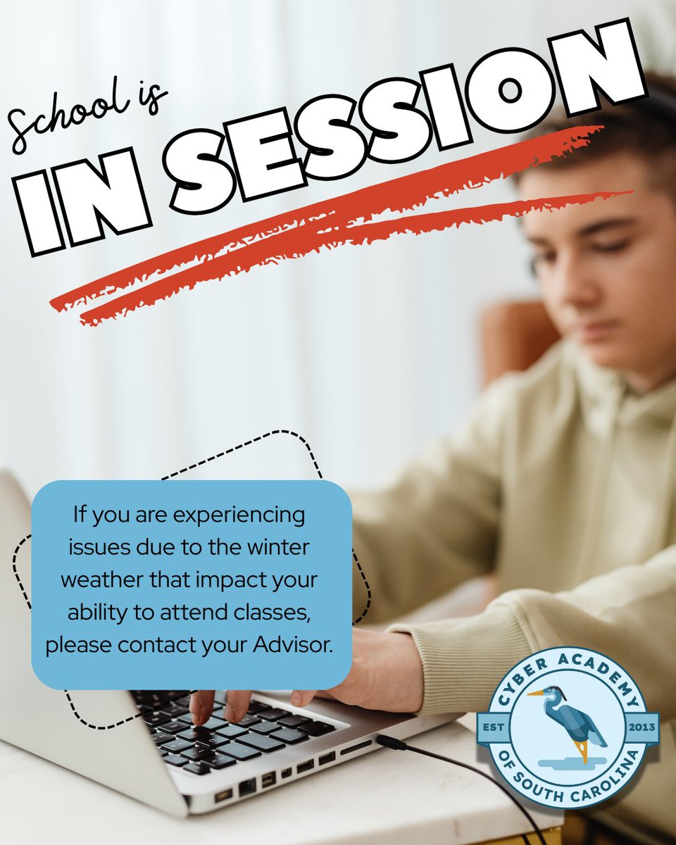 CyberAcademySC's tweet photo. Every day is an e-learning day at CASC! Just a reminder that classes are in session today. If you are unable to attend due to a weather-related issue, please contact your Advisor. More information regarding how absences will be handled will come at a later date. https://t.co/bMA9aYOB6F