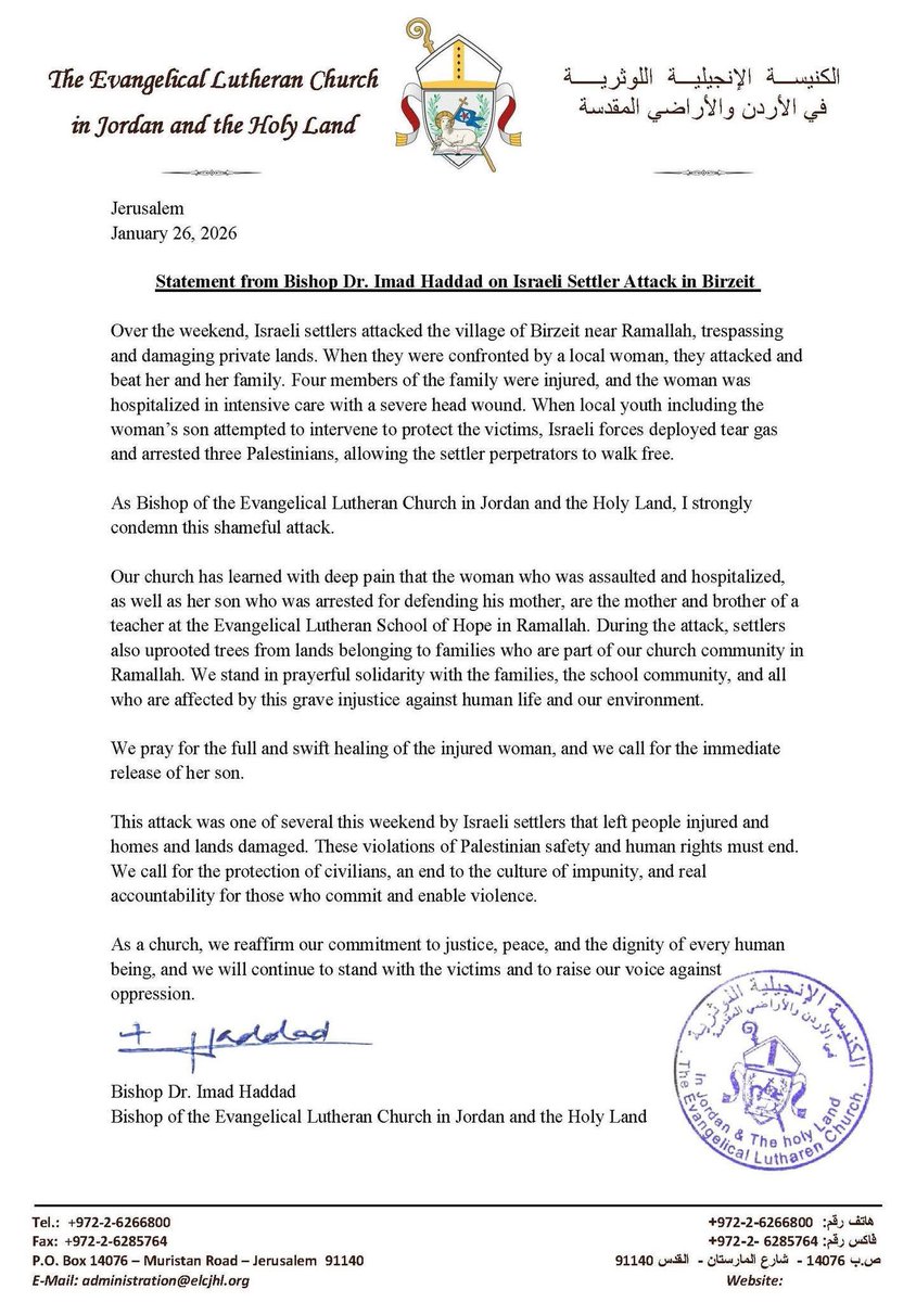 The Lutheran Bishop in Jordan and the Holy Land issued a statement condemning the Israeli settler terrorist attack on a Palestinian Christian family in Birzeit, calling for the immediate release of the family’s son from Israeli prison.