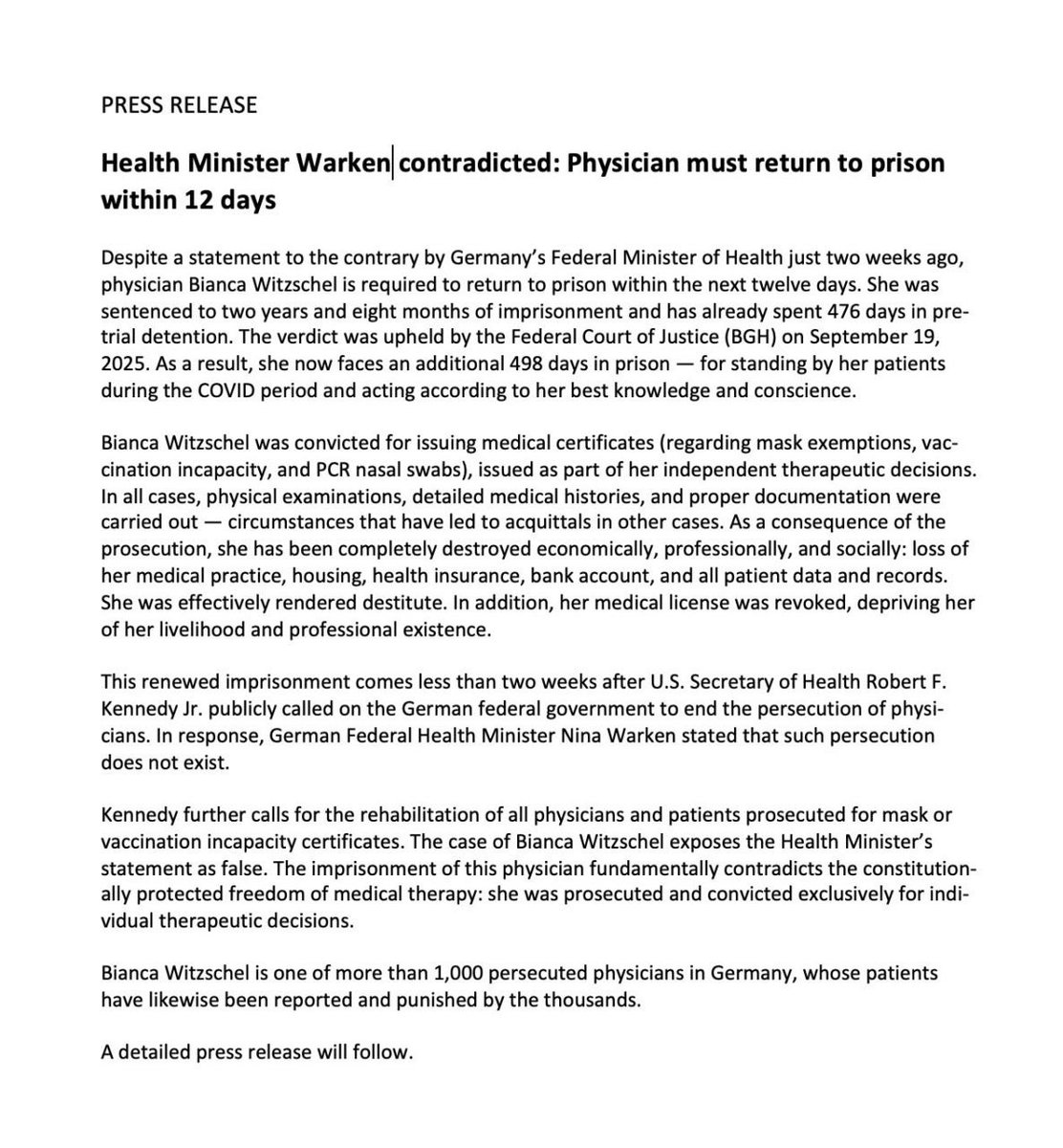 lakaruppropet1's tweet image. 🇸🇪🇳🇴🇩🇰🇫🇮🇮🇸 Inom de närmaste 12 dagarna måste den tyska läkaren Bianca Witzschel återvända till fängelset för ytterligare 498 dagar – för att ha agerat enligt sin bästa professionella kunskap och samvete och för att ha skyddat sina patienter. Detta sker trots att…