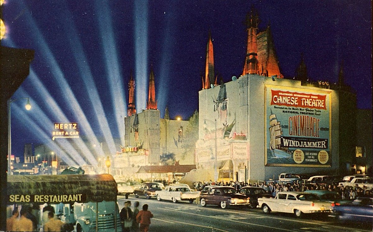 Postcard showing the premiere of “Windjammer” at Grauman’s Chinese ahead of an astounding 37-week run in 1958. It was presented in an widescreen process called “Cinemiracle” which was a competitor to Cinerama. Does anybody remember seeing a movie in Cinemiracle?