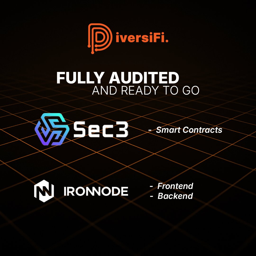 Security isn’t a feature. It’s the foundation.

DiversiFi is audited end-to-end:
• Smart contracts audited by <a href="/sec3dev/">Sec3</a>
• Frontend &amp; backend audited by <a href="/ironnodesec/">IronNode Security</a>

Built to be trusted from UI to on-chain logic,