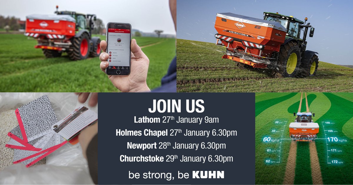 KUHN_UK's tweet photo. 🌱Join KUHN Farm Machinery at RVW Pugh's Fertiliser Clinics to learn about precision fertiliser spreading, how to optimise your machine and get the right spreader for your individual needs.
📍Multiple RVW Pugh locations
📅 27–29 January
☕️ Refreshments provided 
#bestrongbekuhn https://t.co/MDX0WQrN3b