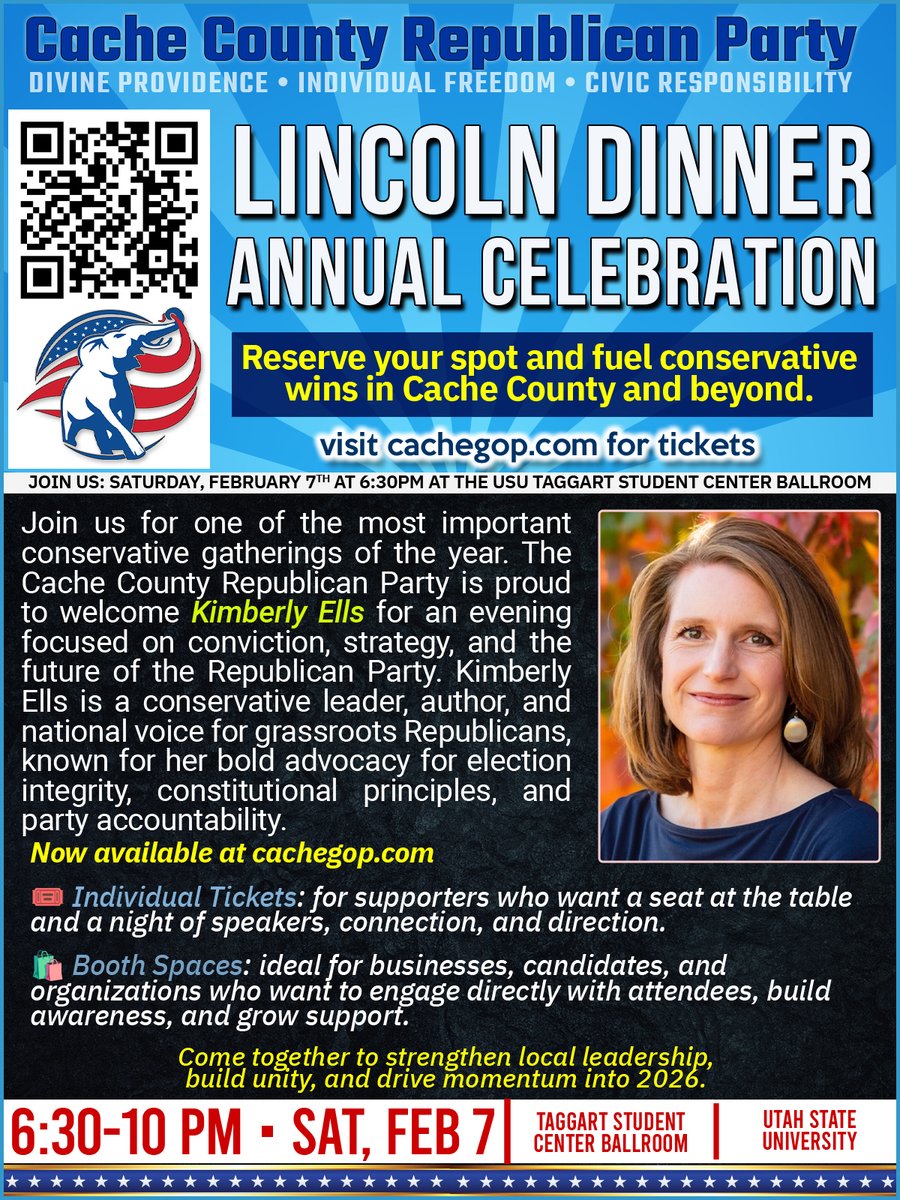 cachegop's tweet photo. Want to make a bigger impact? Sponsor a table at the Cache GOP Lincoln Day Dinner and support conservative wins locally — with Kimberly Ells headlining.

📅 Feb 7
🎟️ Tickets + sponsorships: https://t.co/ABMGUDm3NY
#CacheGOP #UtahGOP #LincolnDayDinner https://t.co/vnGP4V9Qer