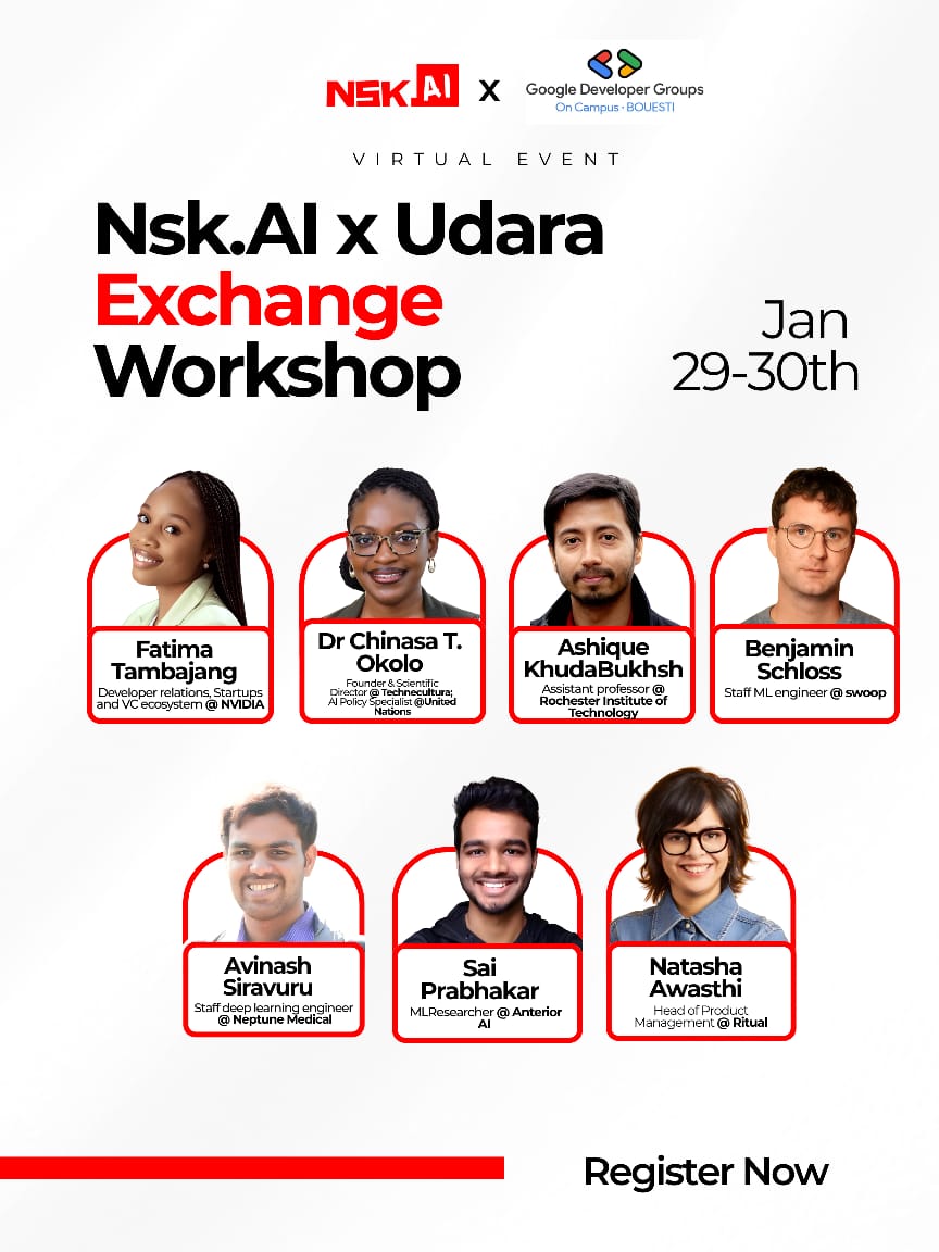 GGDoC BOUESTI is partnering with <a href="/NskAiCommunity/">Nsk.AI</a> to host the NSK.AI Exchange Workshop 🧠✨
📅 Jan 29–30, 2026 | 💻 Virtual
Equipping African youth &amp; professionals with skills with speakers from NVIDIA, Microsoft Research Africa, Brown University &amp; Mozilla.