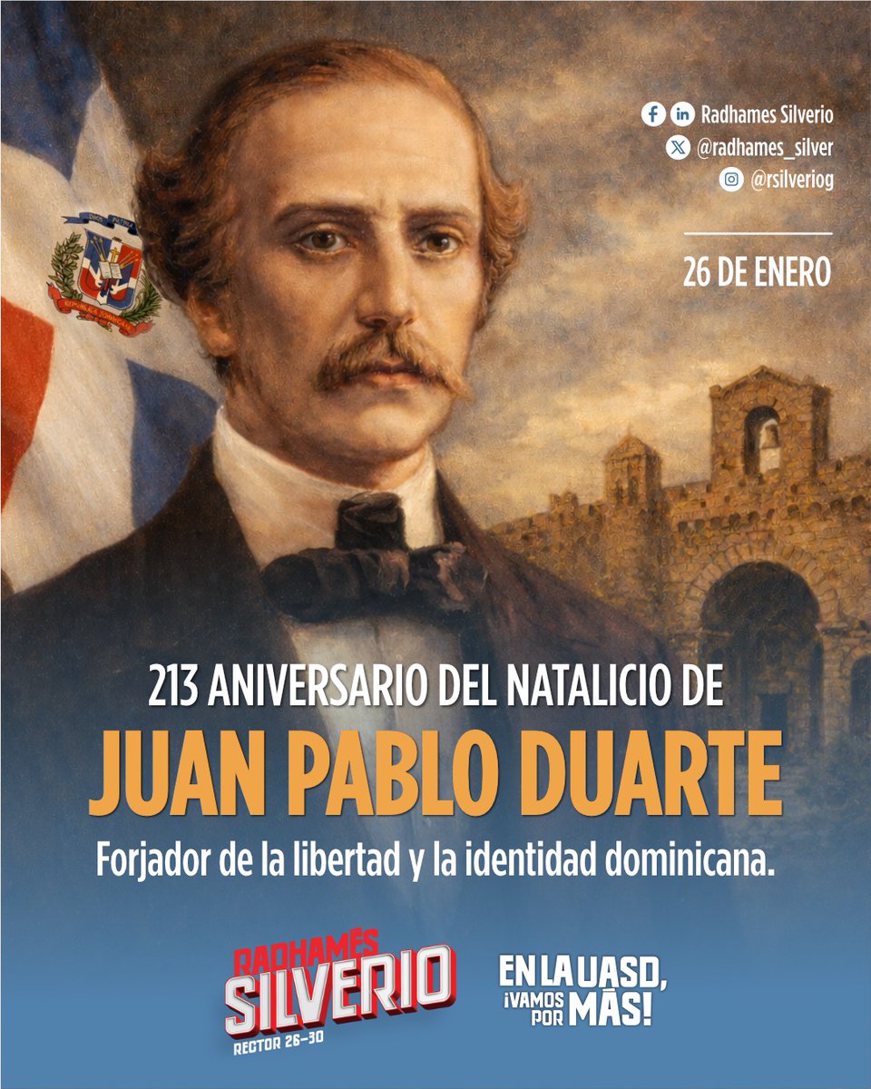 radhames_silver's tweet photo. Hoy conmemoramos el natalicio de #JuanPabloDuarte, Padre de la Patria y referente eterno de los valores que dieron origen a la nación dominicana.

Desde la UASD, honramos su legado formando ciudadanos críticos, conscientes y comprometidos con el desarrollo del país. https://t.co/pZOryaZFSp