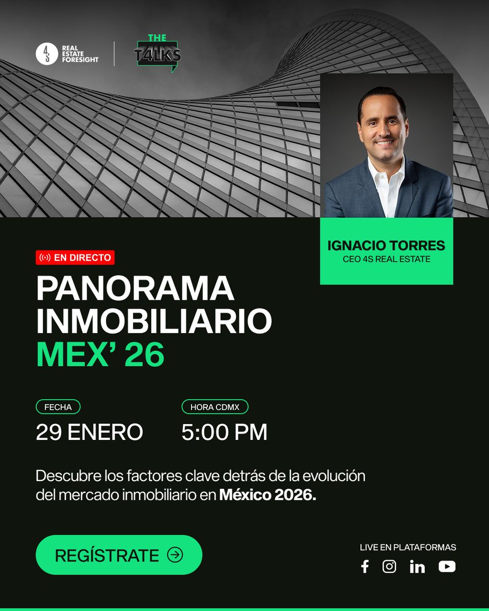 ¿Qué está cambiando en el mercado inmobiliario mexicano?

Acompaña a <a href="/NachoTorres4S/">Nacho Torres 4S</a>, CEO de 4S Real Estate, en la presentación de Panorama Inmobiliario México 2026, un análisis para anticipar tendencias.

▶️ hubs.ly/Q040hmtm0
📅 29 de enero
🕔 5:00 PM (Hora CDMX)