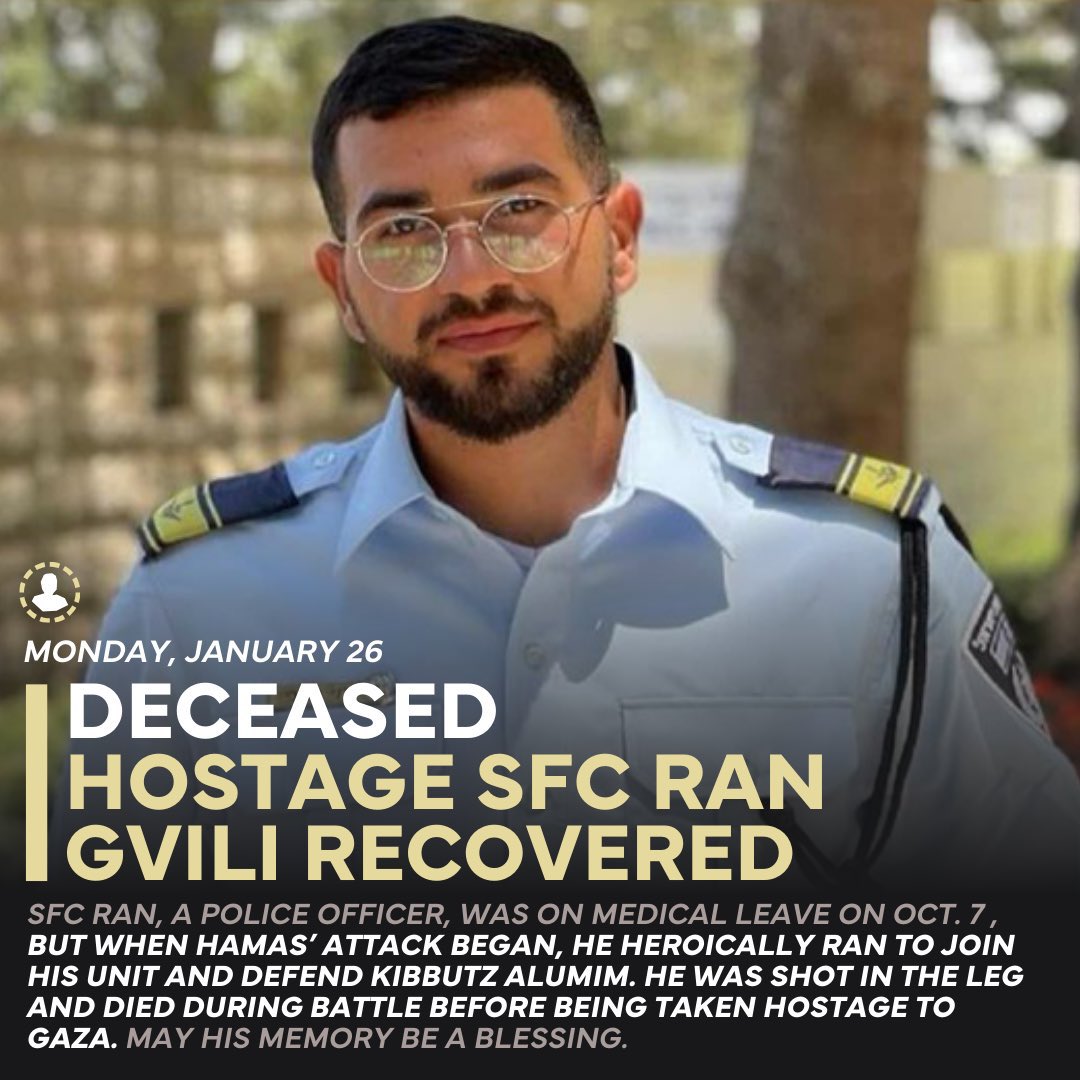 After 843 days, SFC Ran Gvili has been identified and will be returned for burial in Israel. 

Rani Gvili served in the Israeli Police Special Forces and fell in combat on Oct. 7, 2023, and his body was abducted to Gaza.

He is home. 

All of our hostages are home now