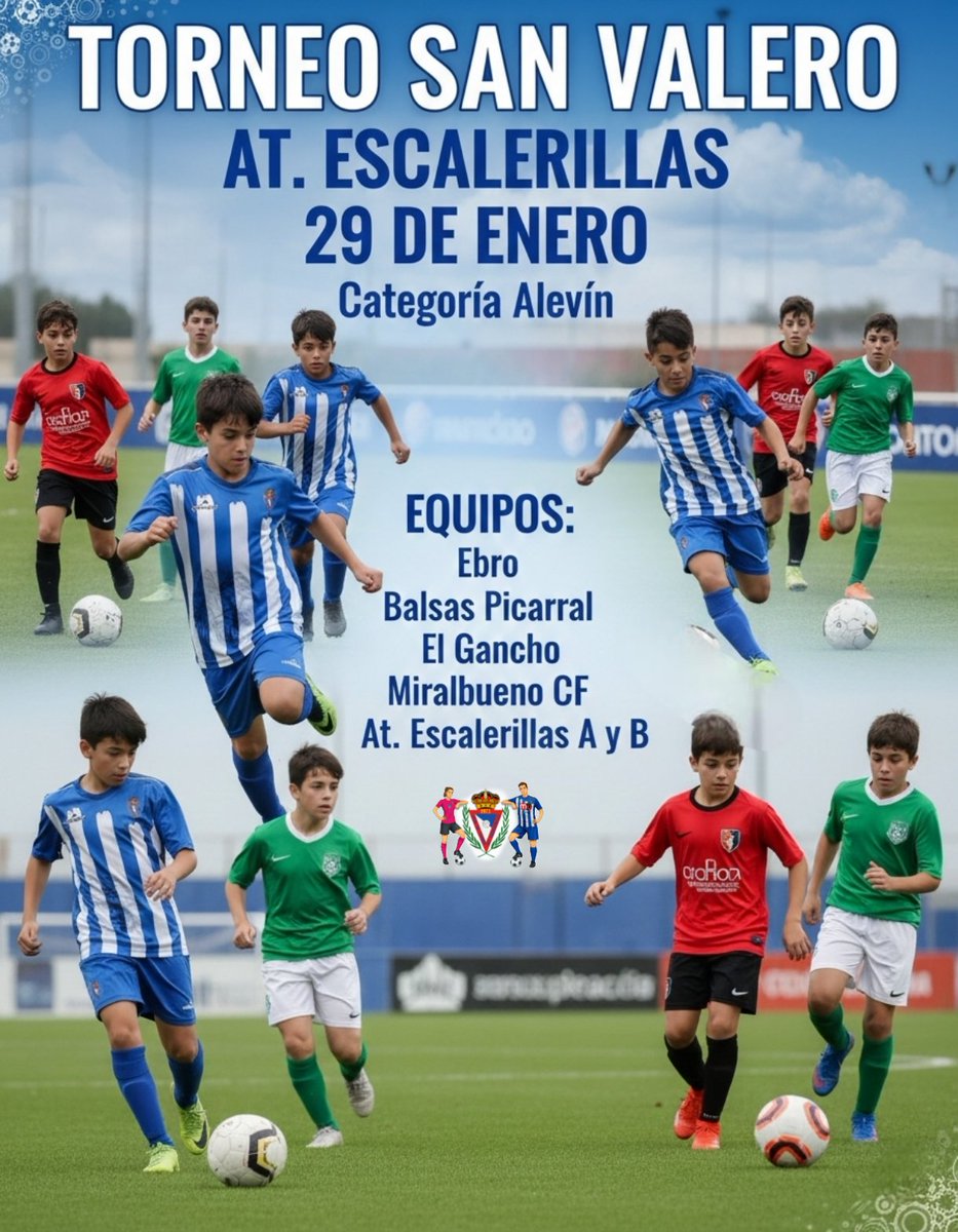 #TorneoSanValero
Atlético Escalerillas 
Categoría Alevín 
🗓️ 29 de enero
🏟️ C.M.F. Parque Oliver 
Con la participación de los equipos:
<a href="/CDECantera/">CD Ebro Cantera</a>
<a href="/UDBALSASOFICIAL/">UD Balsas Picarral</a>
<a href="/elganchocf/">El Gancho CF 🟩⬛</a>
<a href="/MiralbuenoCF/">MIRALBUENO C.F</a>
<a href="/Atescalerillas/">🄰🅃 🄴🅂🄲🄰🄻🄴🅁🄸🄻🄻🄰🅂</a> "A"
<a href="/Atescalerillas/">🄰🅃 🄴🅂🄲🄰🄻🄴🅁🄸🄻🄻🄰🅂</a> "B"