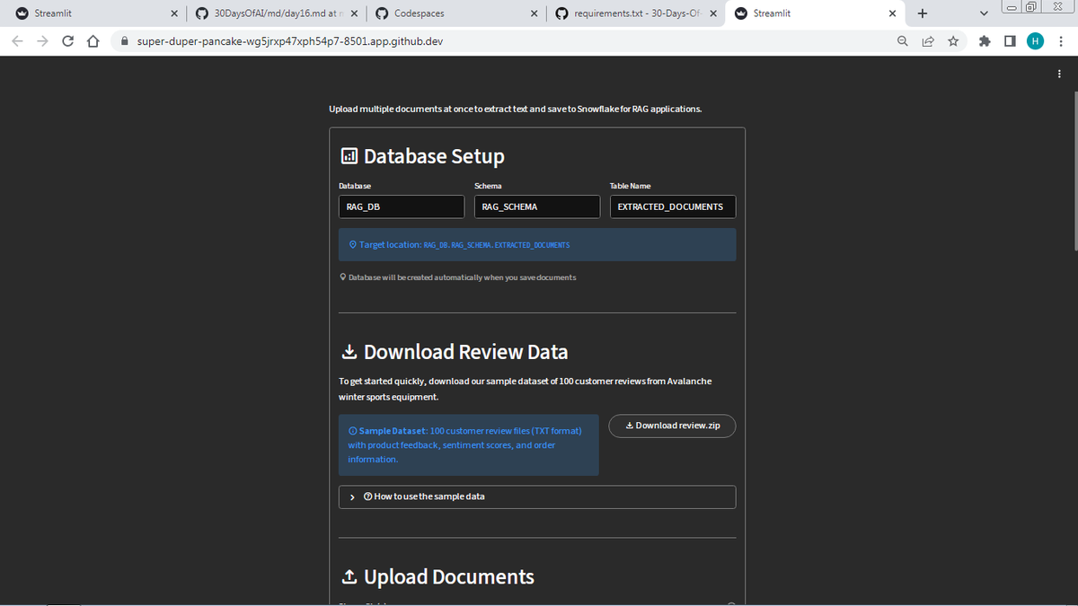 sharsha315's tweet photo. 📄 Day 16 of #30DaysOfAI with @streamlit  🎈
Built a batch document text extractor for RAG—upload TXT, MD, and PDF files, extract text, and store it in @Snowflake  using Claude-3-5-Sonnet via Cortex #AI. #RAG starts here! 🤖❄️ #snowflake #streamlit #LLMs https://t.co/buV4Y2wxvs