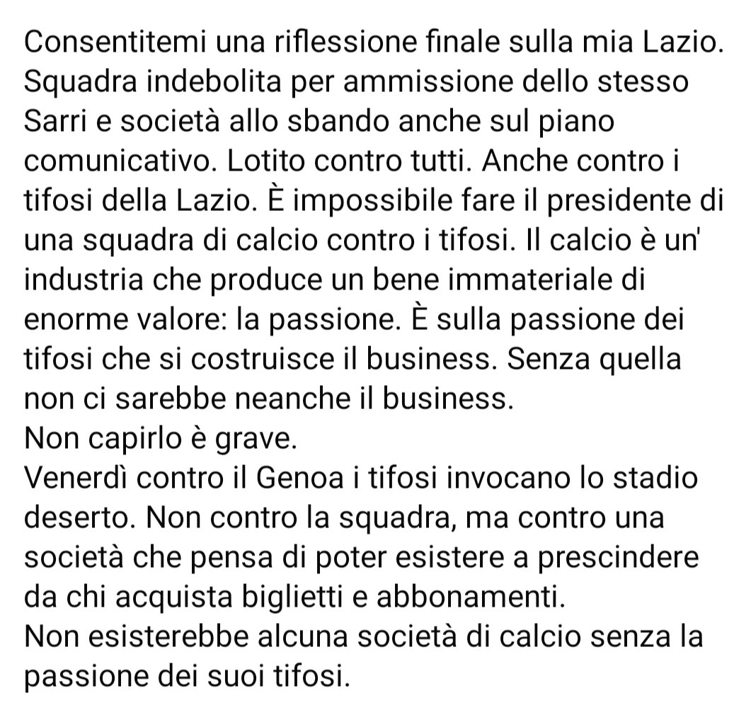 Oggi ho scritto questo sulla mia pagina facebook dedicata al calcio. Lo ripropongo anche qui. 
Venerdì non entrerò allo stadio per #LazioGenoa. E sarà una grande sofferenza da abbonato. Ma credo sia giusto ribadire che i tifosi vanno rispettati. Forza #Lazio 
Tweet laziale.