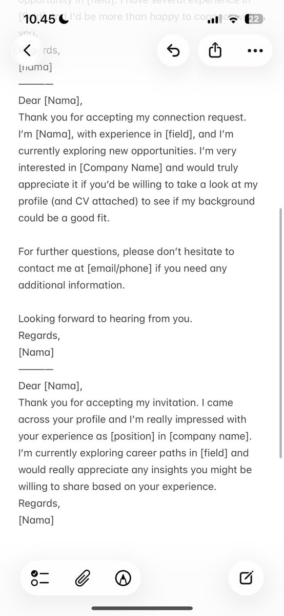 maaf bgt gabisa bales dm krn error mulu huhu. ini template2 yang biasa aku pake buat chat di linkedin yaa di modif2 dikit. disclaimer aku bukan hr, bukan recruiter, aku jg jobseeker dan cm mau bantu pake caraa yg pernah aku lakuin. smg rezeki di kalian yaaa 🩷
