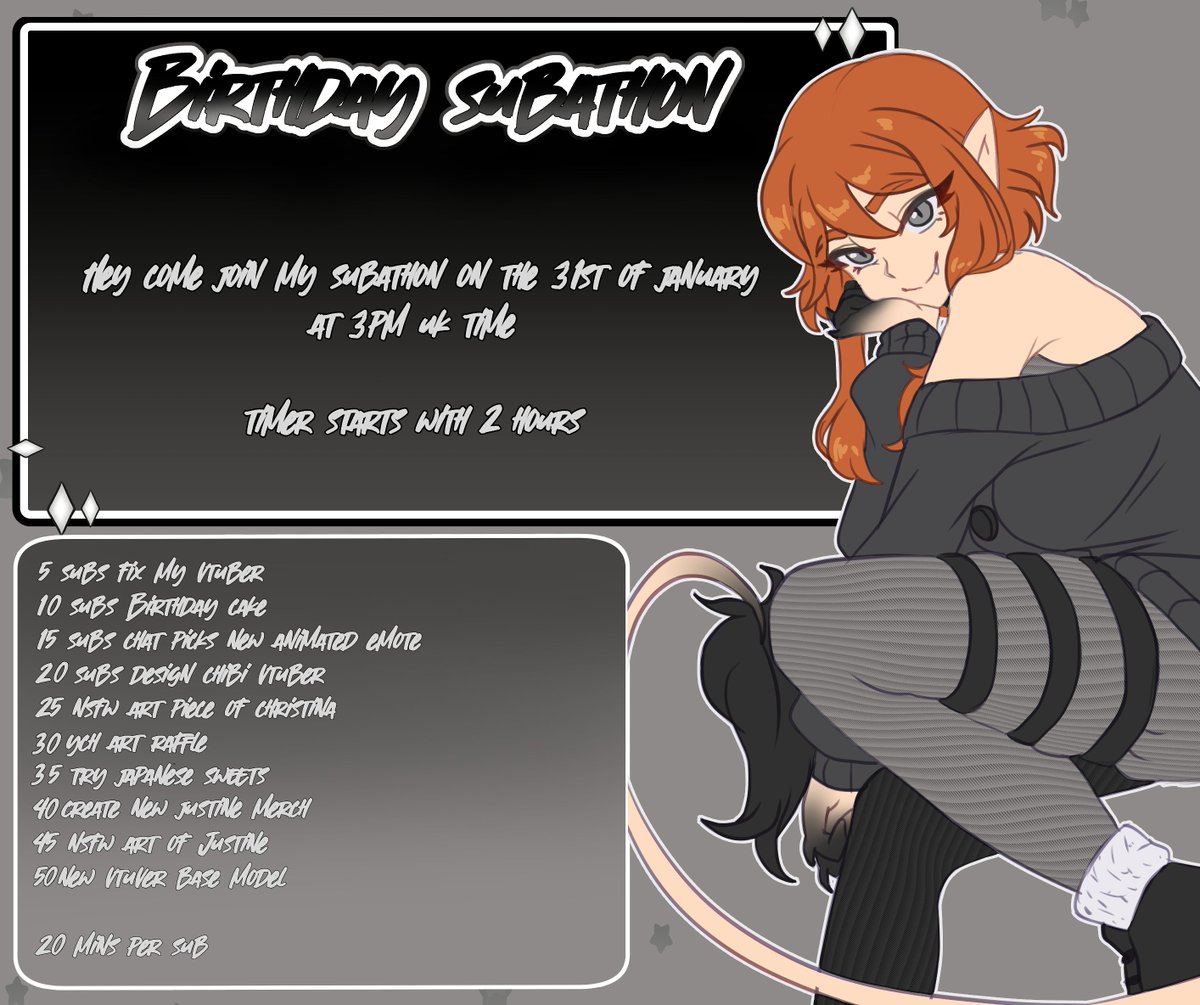 OMG ITS MY BIRTHDAY ON THE 31ST !!!!

Join in on this subathon! we have a chat section with Aki!, Duo games with rogue and lots of new games to try!

there are more sub rewards then listed so if we go over im ready for all these lovely treats!

its gonna be so fun!