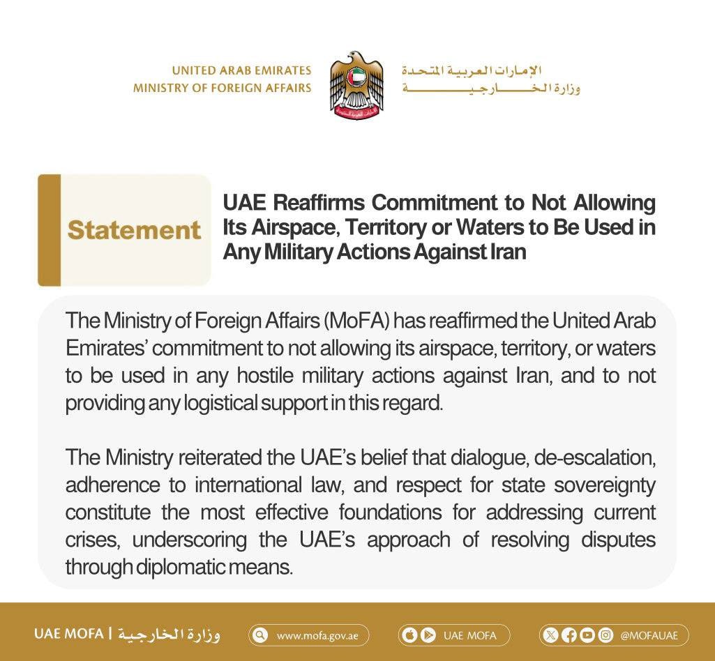 Parnassus1871's tweet photo. The UAE pledged not to let its airspace, waters, or territory be used to attack Iranโstill a bit traumatized by those Yemeni missiles and clearly not in the mood for a sequel.
Not that anyoneโs taking it too seriously, though.
#Iran #USIsATerroristState
#Yemen https://t.co/1OciMcOiJ5