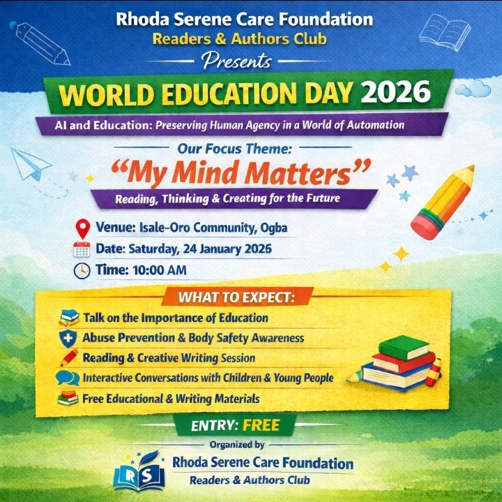 We celebrated World Education Day 2026 with children and young people in Isale-Oro, using reading, writing, creativity, &amp; safety education to preserve human thinking &amp; agency in a changing world. Education empowers. Minds matter. Children deserve a voice. 
#worldeducation