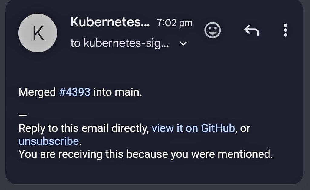 I was able to make my first ever contribution in kubernates official repository 

Thanks to my dear ones! 
<a href="/kunalstwt/">Kunal Kushwaha</a> 
<a href="/TheTechMaharaj/">Atulmaharaj 🥑</a> 
<a href="/yashsharma_f/">Yash Sharma</a> 

You too guys ❤️ 
<a href="/100xDevs/">100xDevs</a> <a href="/100xSchool/">100xSchool</a>